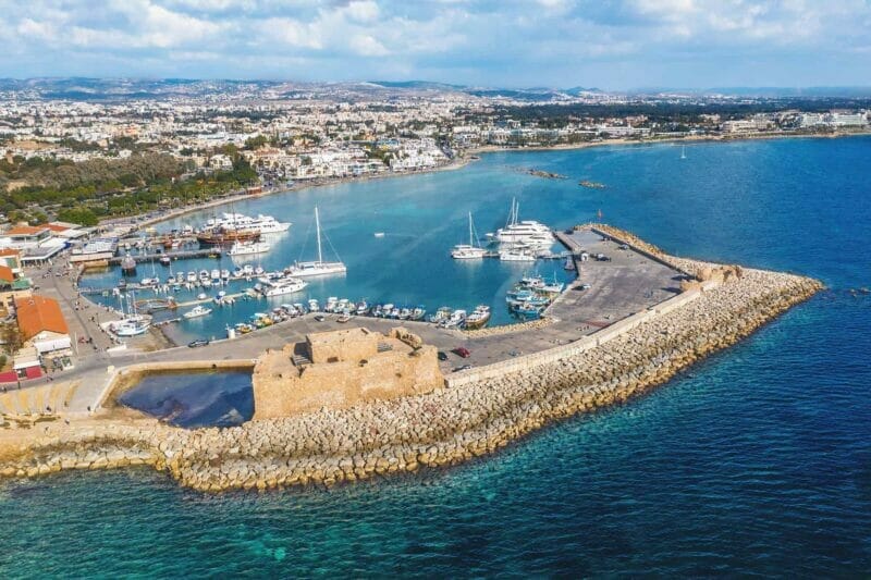 A harbor Paphos, drone image, yachts and boats in blue watres