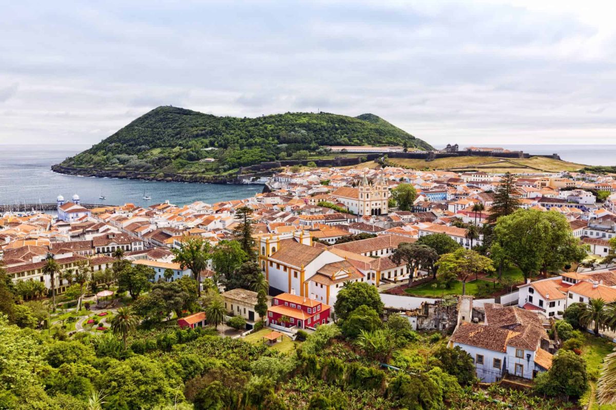 A pretty coastal town in the Azores hugging a natural bay