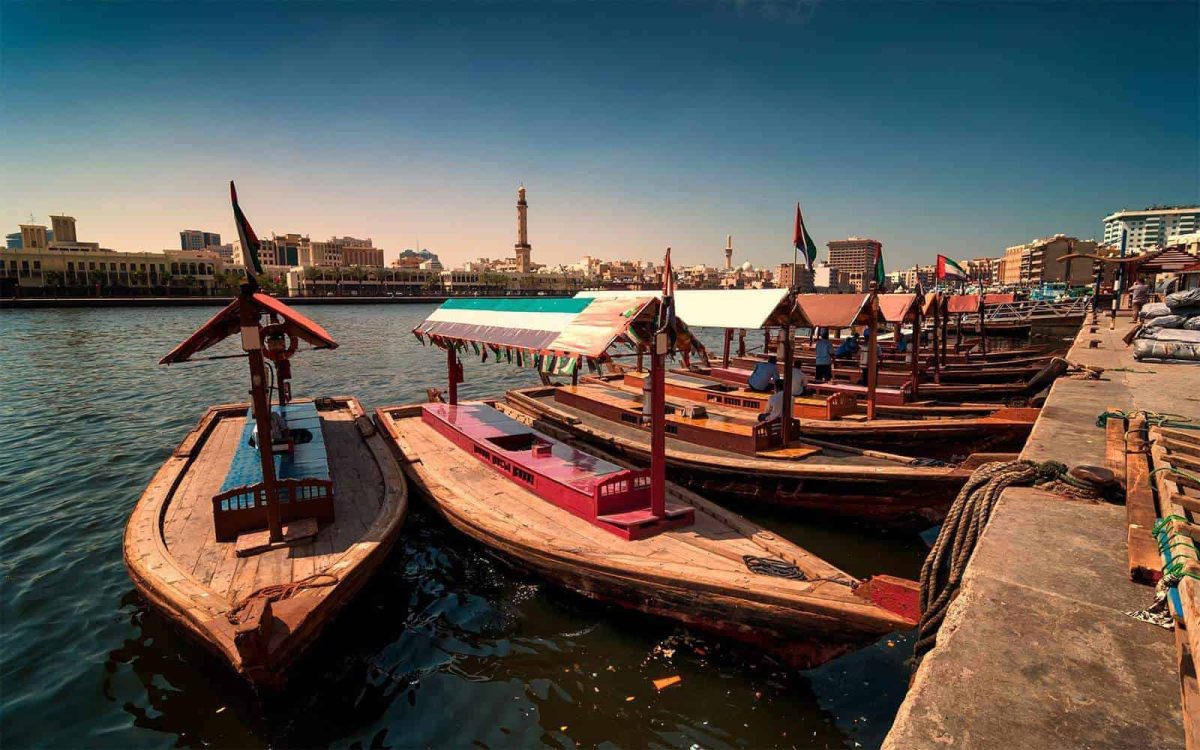 Dubai waterfront and tourist boats