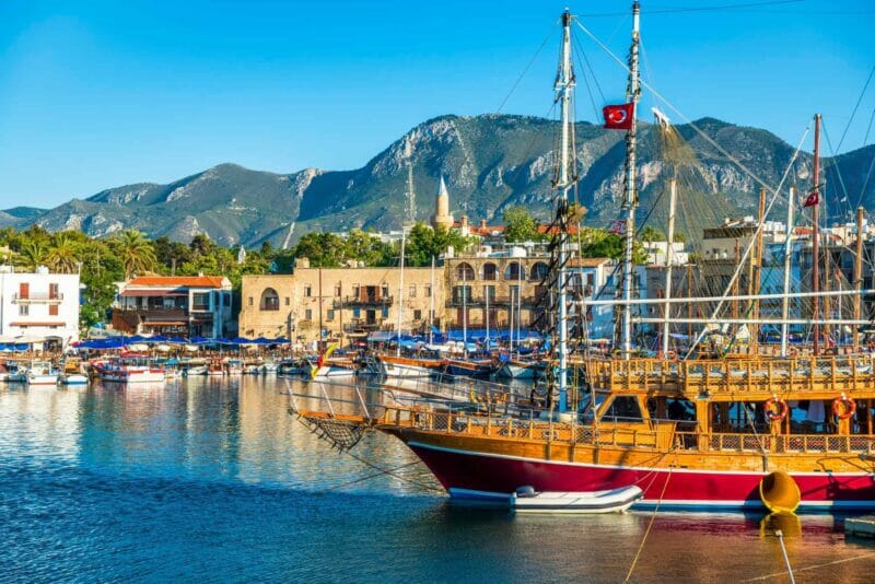 North Cyprus, harbor in Kyrenia and the mountains in the background