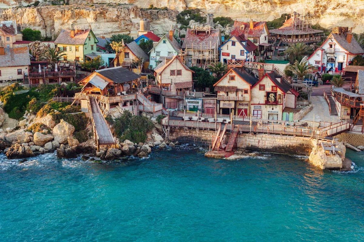 Popeye village, Il-Mellieha, Malta. This little village, also known as Sweethaven Village and Danish Village, is a film set purposely built village, now converted into a small attraction fun park.
