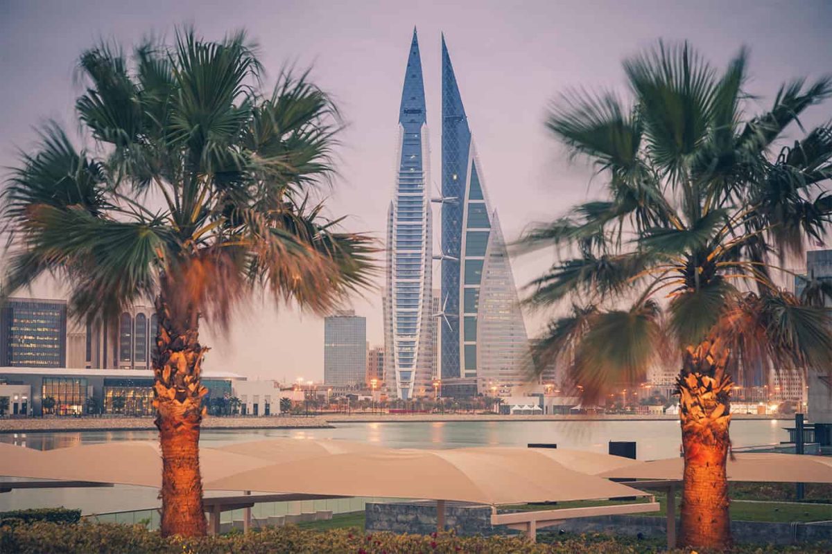 Bahrain waterfront, palms and scyscrapers