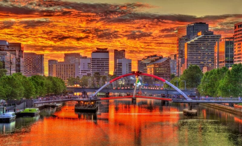 Sunset over the Yarra River in Melbourne, the red skies reflecting in the water.
