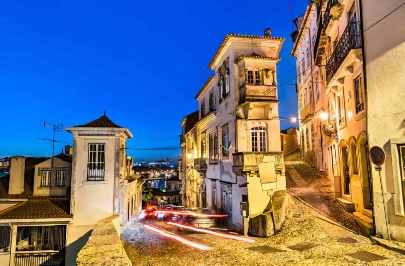 The old town streets at night in Coimbra