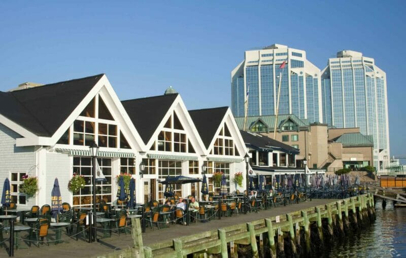 A pretty cafe with tables outside along the waterfront in Halifax, Nova Scotia