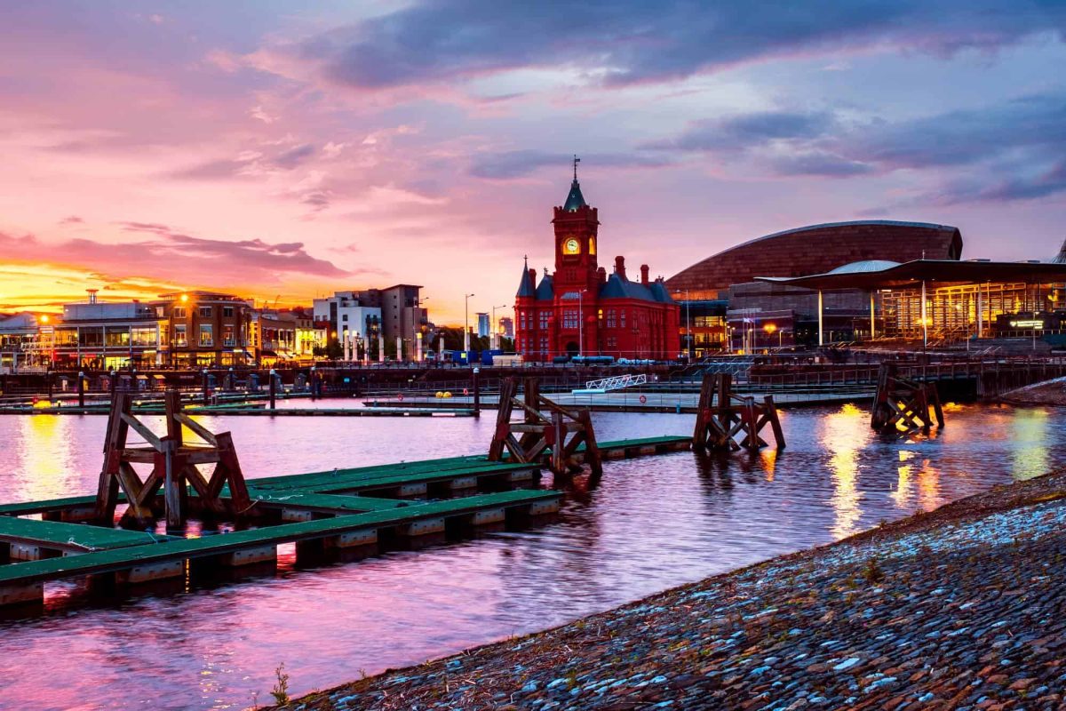Cardiff waterfront, sunset and darkened skies