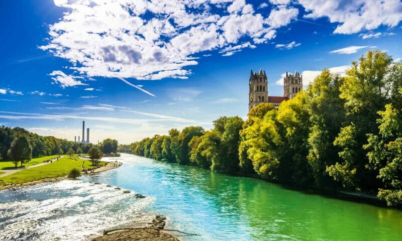 St. Maximilian church and the River Isar in Munich