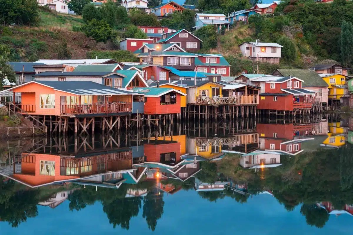 Traditional stilt houses known as palafitos in the city of Castro at Chiloe Island in Southern Chile.