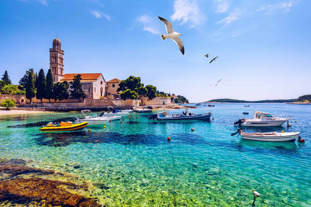The harbor in an old Adriatic island town of Hvar on Hvar island, Croatia.