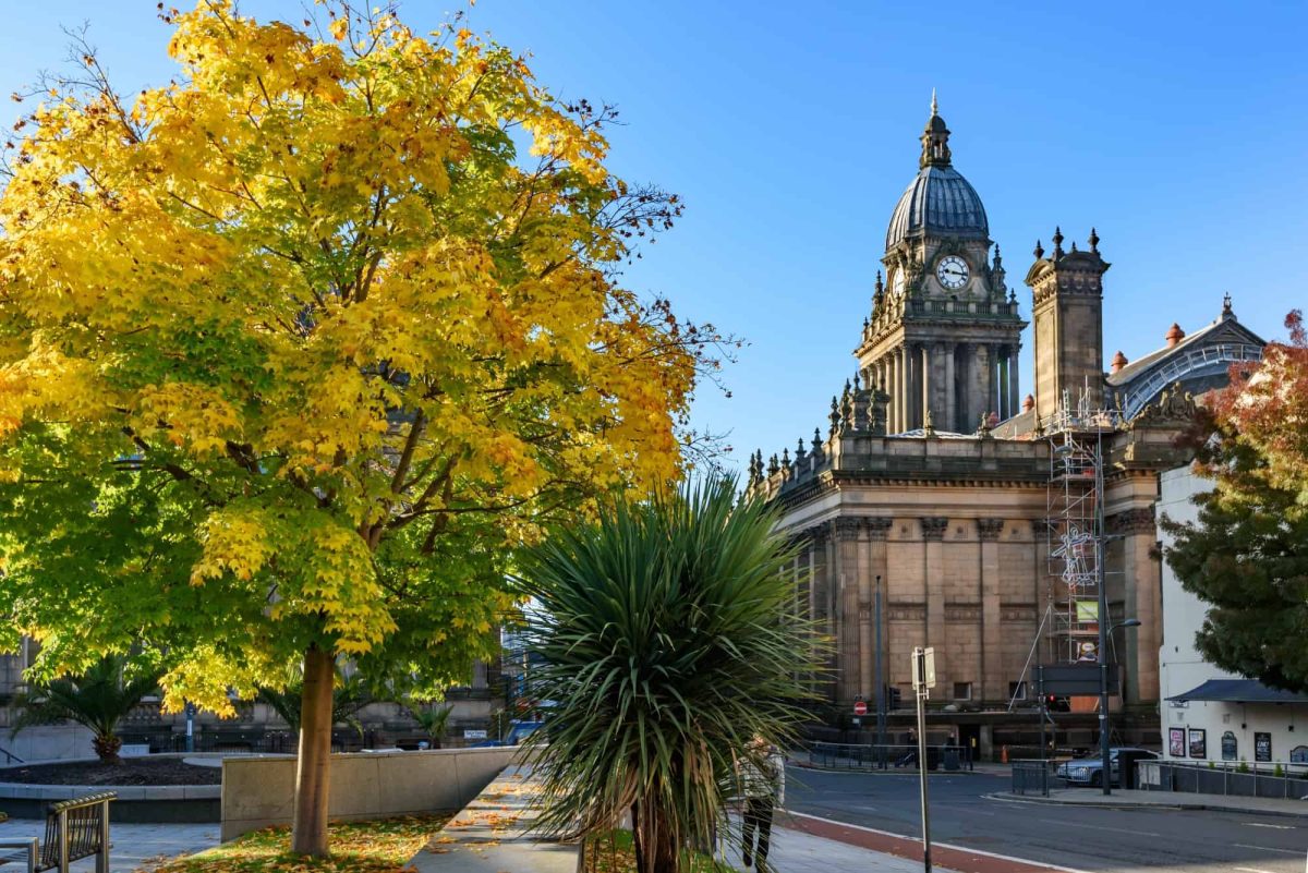 Leeds town hall in a leafy city square