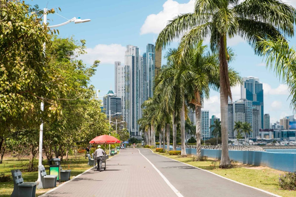 Promenade and skyline background in Panama City ( Avenida Balboa)