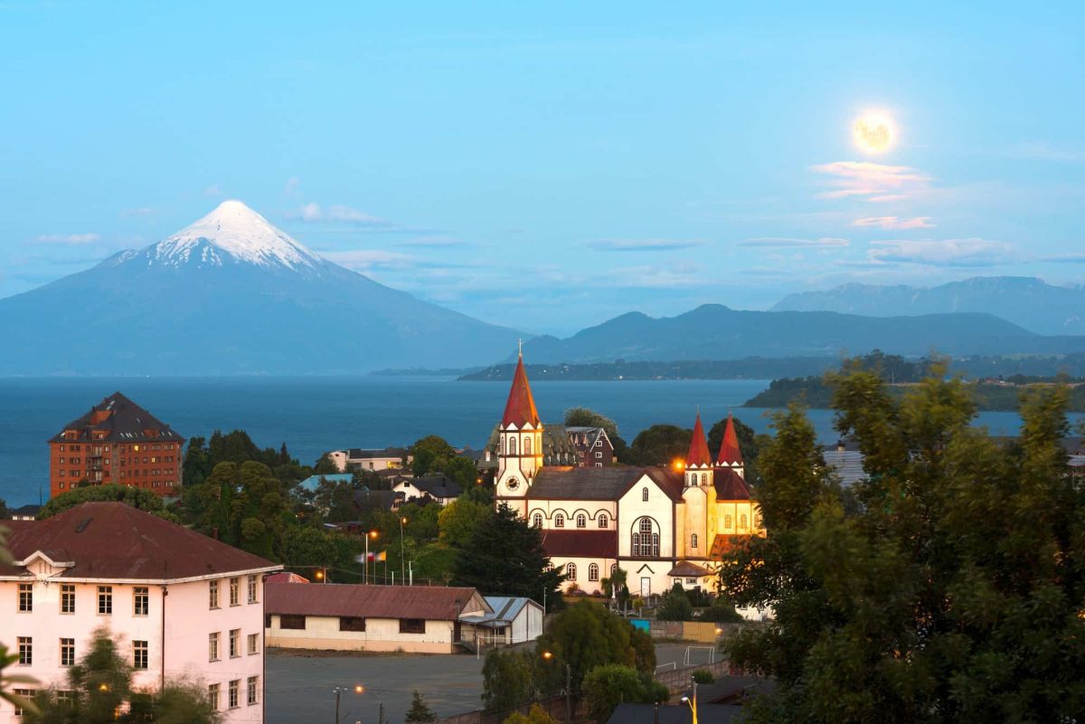 Puerto Varas at the shores of Lake Llanquihue with Osorno Volcano in the background