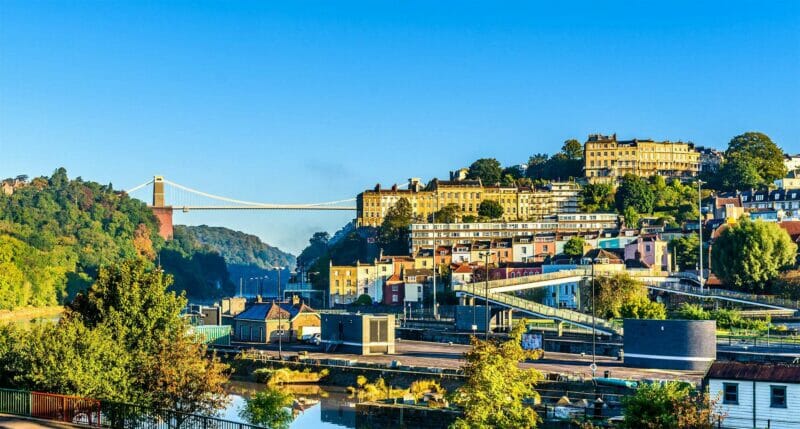 Bristol view towards the famous Clifton Suspension Bridge