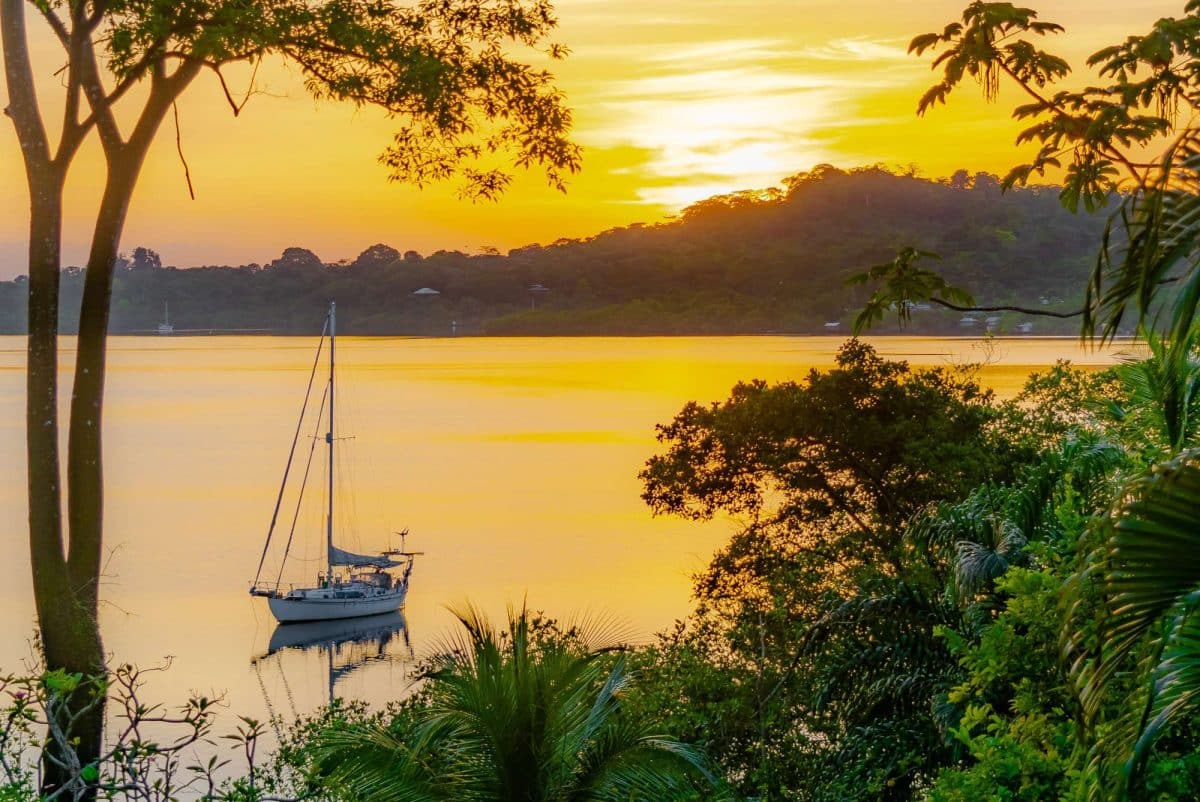 Panama, dolphin bay at sunset - golden waters, a setting sun and a boat in the sea