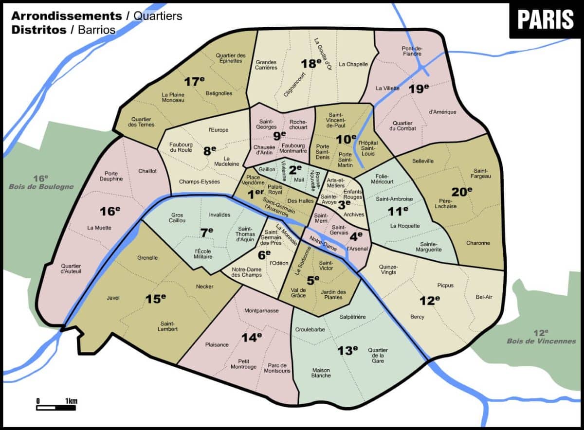 A map of Paris arrondissements featuring every neighborhood