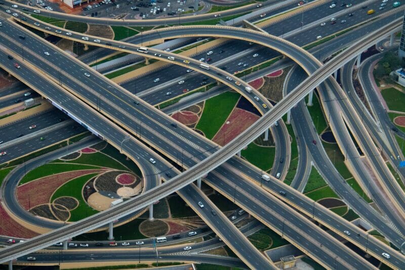 Driving in Dubai. A challenging intersection.