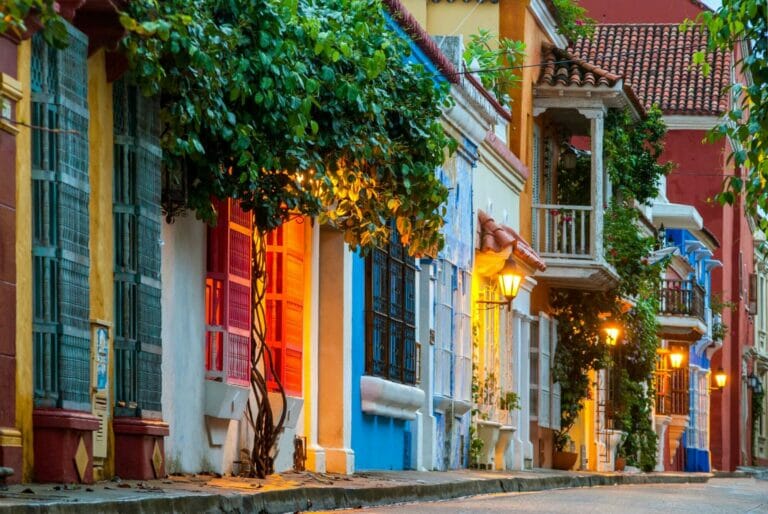 A street with bright historic houses in Cartagena