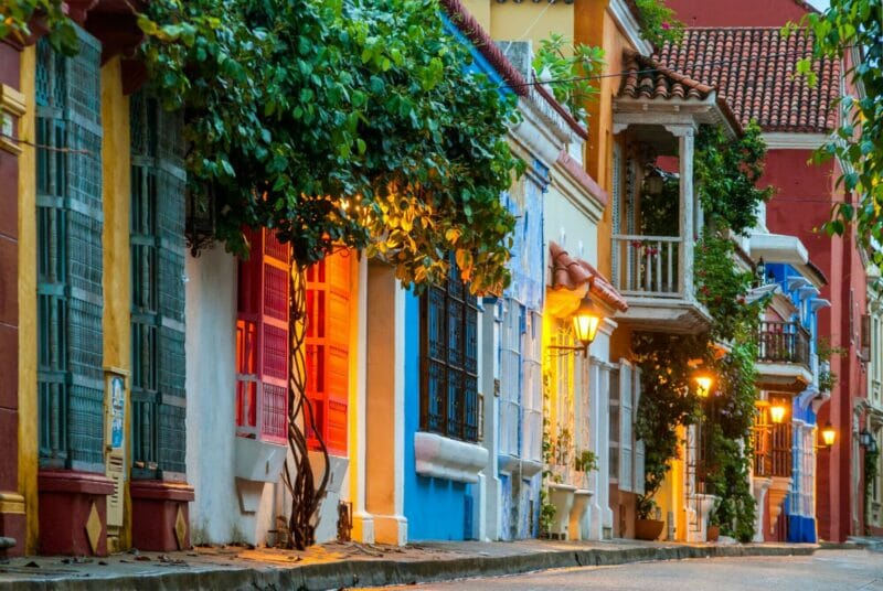 A street with bright historic houses in Cartagena