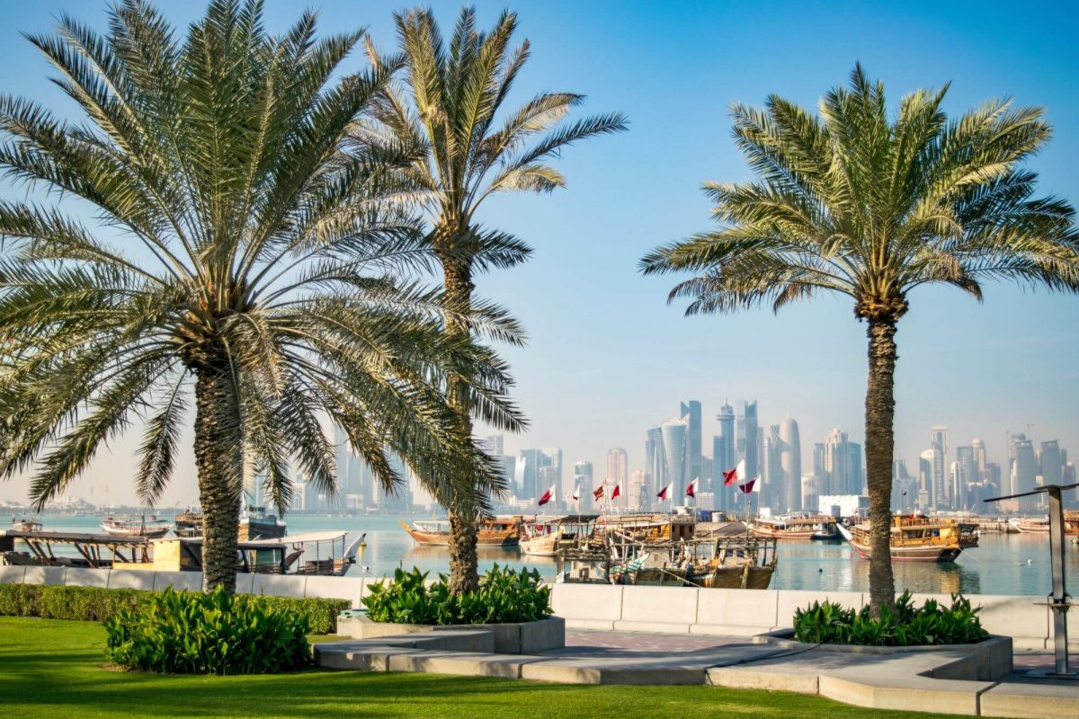 Doha Harbor view with palm trees and lawns