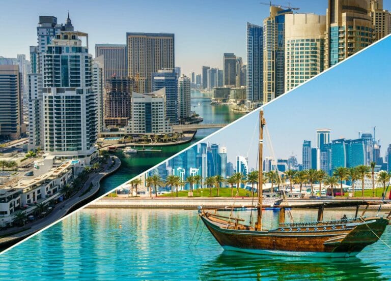 two images side by side: one is Doha waterfront with a boat, the other - Dubai cityscape with tall buildings