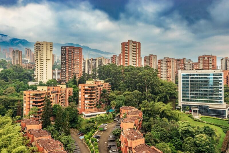 Medellin cityscape - tall building among tall trees