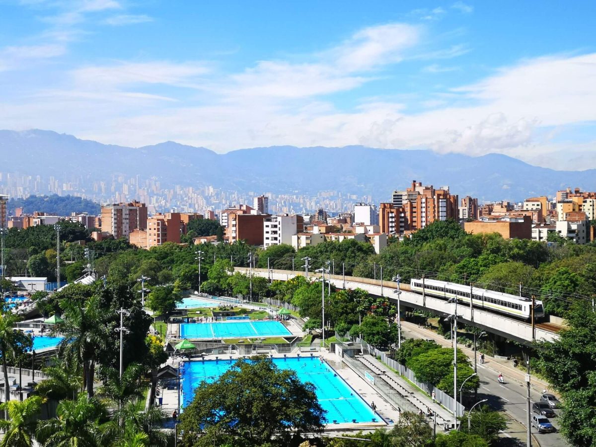 A city district in Medellin with open air public swimming pools