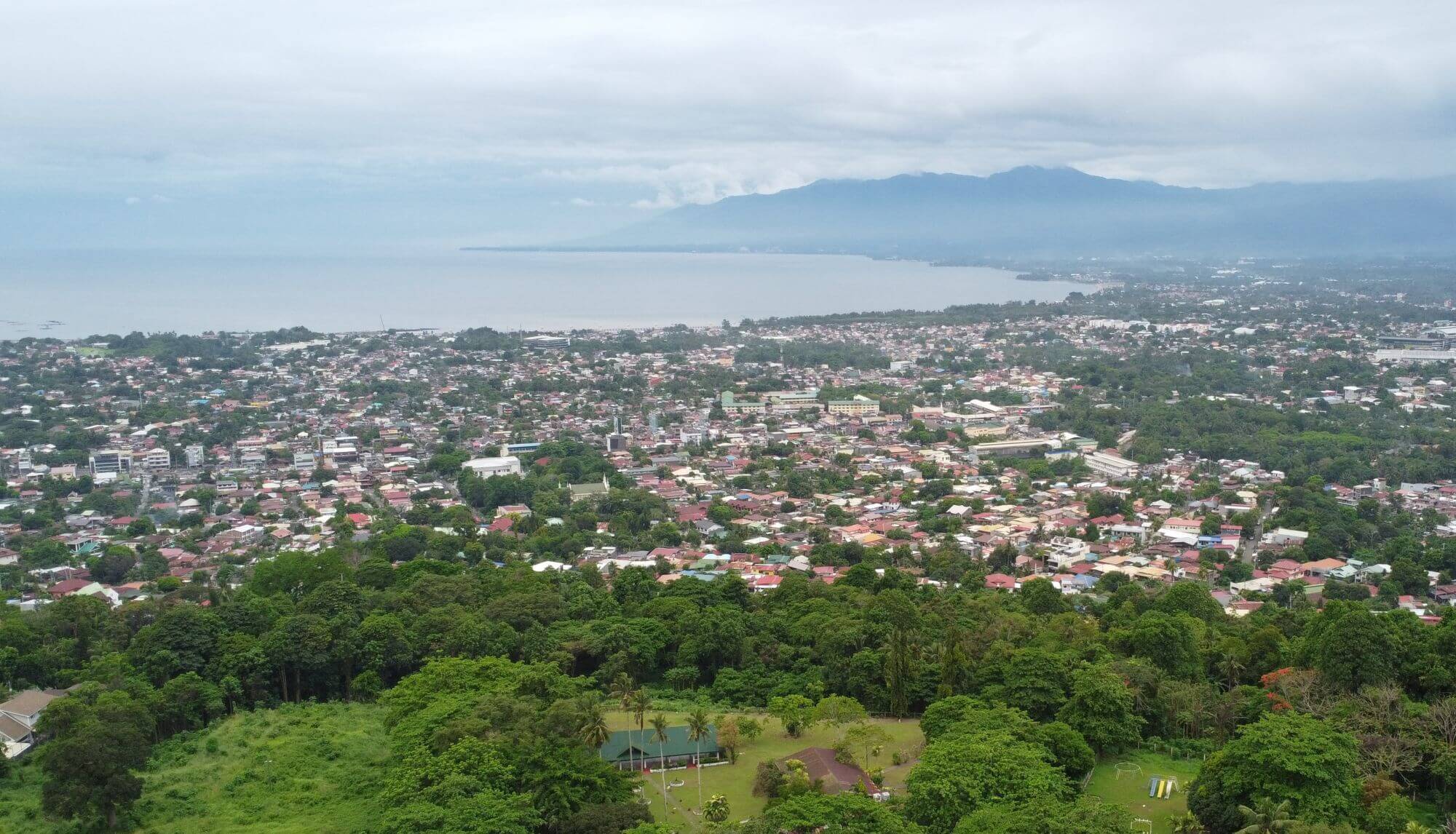 A city view from a hill - sprawling leafy streets among greenery and a beach in the background in Davao