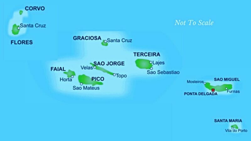 A not to scale map of the Azores islands