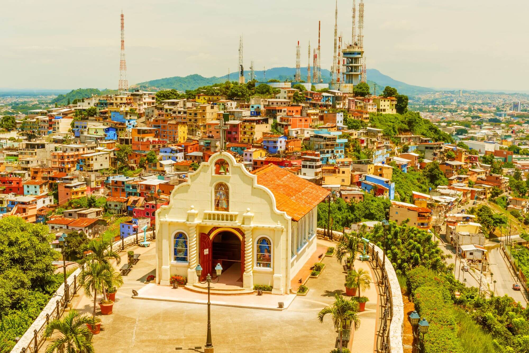 Small Catholic Chapel on the hill surrounded by houses in Cerro Santa Ana Guayaquil