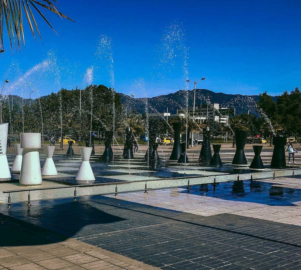 A city park with fountains in Bogotá