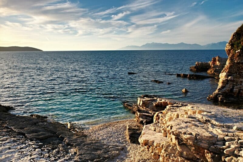 Rocky beach at Kassiopi in Corfu island,