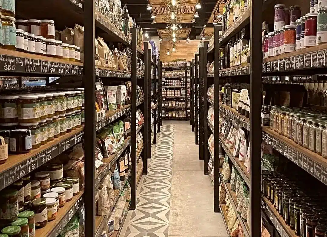 A high-end supermarket interior in Tulum filled with local organic produce and high quality goods